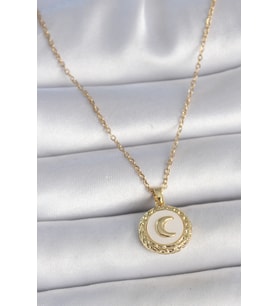 316L Çelik Gold Renk Zincir Beyaz Mineli Hilal İşlemeli Madalyon Model Kadın Kolye TJ-BKO10035