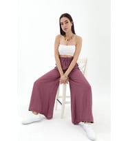 Geniş Kemerli Bol Paça Düz Keten Kadın Pantolon - Lila