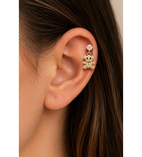 Sertifikalı 316L Çelik Kalp Taşlı Ayıcık Figürlü Sallantılı Premium Altın Kaplama Tragus ve Helix Piercing