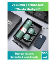 Kişiye Özel Paslanmaz Çelik Termos 3 Bardaklı Termos Seti Çanta Hediyeli 0,50 L İçecek Paslanmaz Çel