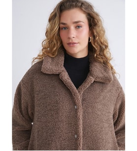 LCW Modest Kahverengi Gömlek Yaka Oversize Kadın Pelüş Mont