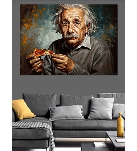 Pizza Yiyen Albert Einstein Tablosu Dekoratif Kanvas - Mdf Ahşap Tablo