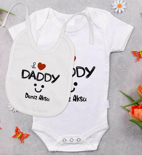 BK Kids Kişiye Özel I Love Daddy Tasarımlı Bebek Body Zıbın ve Mama Önlüğü Hediye Seti - Model 1