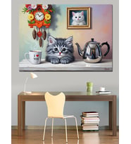 Çay Saati Kedi Keyfi Dekoratif Kanvas - Mdf Ahşap Tablo
