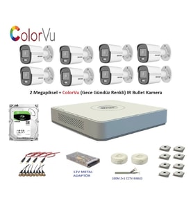 Hikvision 2mp 8 kameralı Dış ortam AHD HD-TVI ColorVu Gece Renkli Kamera Seti 500GB Disk