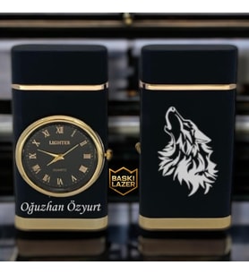 İsme Özel Saatli Kurt Logolu Saatli Çakmak Rüzgarda Sönmeyen Turbo Jet Özellikli - Kutulu Ve Hediye Paketinde