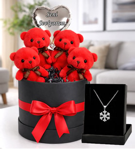 Ayıcık Buketi Ve 4’lü Kırmızı Love Ayıcık Hediye Kutusu, Seni Seviyorum Balon & Kar Tanesi Kolye Seti (Siyah Kutulu)