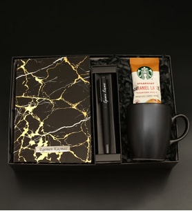 Kişiye Özel Siyah Mermer Desenli Defter& Mat Siyah Roller Kalem& Mat Siyah Kupa& Starbucks Kahve Hediye Seti