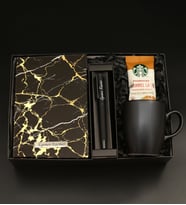 Kişiye Özel Siyah Mermer Desenli Defter& Mat Siyah Roller Kalem& Mat Siyah Kupa& Starbucks Kahve Hediye Seti