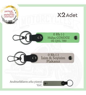 Hız Severlere Özel, İsim Plaka ve 0 Rh (-) Kan Grubu Yazılı Deri x2' li Anahtarlık, Pudra-F Yeşil-Gr (Çok Renkli)