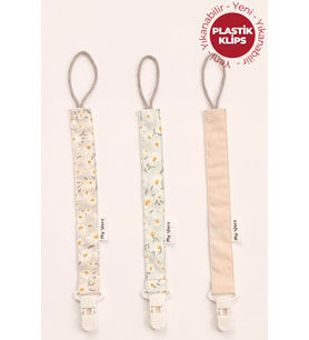 Papatyalar - Bej - Plastik Klipsli Emzik Askısı Seti - 3'lü Emzik Zinciri Seti