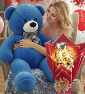 90 Cm Peluş Ayı ve LED Işıklı Romantik Balonlu Sütlü Kahve Ayıcık Buketi Anneler Günü Doğüm Günü Hediyesi (Koyu Mavi)