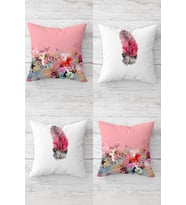 Kuş Tüyü Ve Çiçek Buketi Desen Gizli Fermuarlı Kırlent Kılıfı Koltuk Yastık Kılıfı Takım(4adet) (Açık Pembe)