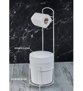 Lüks Banyo Mutfak Çöp Kovası Metal Standlı Tuvalet Wc Kağıtlık Seti (Tatlı Beyaz)