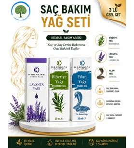 Moonlife Saç Bakımına Özel 3'lü Set Lavanta yağı 20 ml, Biberiye yağı 20 ml, Yılan Yağı 20 ml
