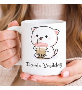 Kişiye Özel İsimli Kedi Tasarımlı Kupa Bardak – Sevimli Bubble Tea Kedi Baskılı