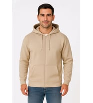 Dört Mevsim Tam Fermuarlı Termal Konfor 3 İplik Erkek Hoodie - Bej