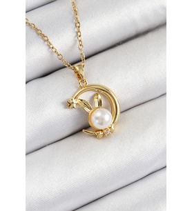 316L Çelik İnci Detaylı Hilal Tavşan Model Gold Renk Kadın Kolye 5886 - HPSBYI6933-1057