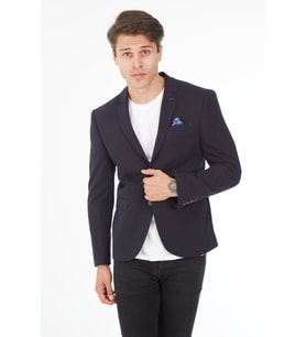 SPOSO 5116 İKİ DÜĞME TEK YIRTMAÇ ÖRME KUMAŞ DAR KALIP BLAZER CEKET (Lacivert)