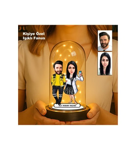 Kişiye Özel Çift Karikatür Fanus  Sevgili ve Evlilere Özel Işıklı Biblo