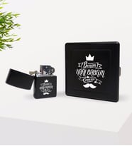 BK Gift Kişiye Özel Benim Kral Babam Tasarımlı Siyah Metal Sigara Tabakası ve Benzinli Çakmak Seti-1