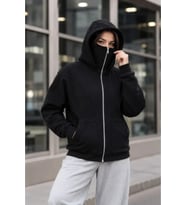 Maskeli Ninja Model Çift Kapüşonlu 3 İplik Şardonlu Fermuarlı Oversize Sweatshirt - Siyah