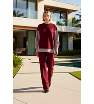 Kadın Alt Üst Oversize Rahat Kesim Örme Sweatshirt Ve Geniş Paça Eşofman Takım Çizgili Dokuma Kumaş (Bordo)