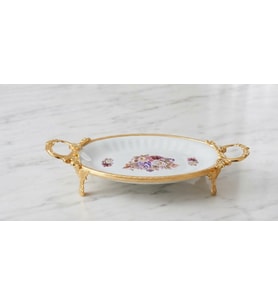 DEKORATİF GOLD METAL AYAKLI OVAL ÇİÇEKLİ PORSELEN SUNUMLUK TABAK