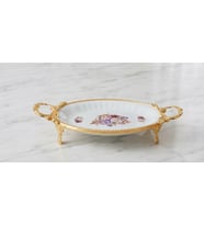 DEKORATİF GOLD METAL AYAKLI OVAL ÇİÇEKLİ PORSELEN SUNUMLUK TABAK