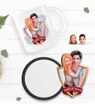 BK Gift Kişiye Özel Sevgililer Karikatürlü Beyaz Kupa ve Ahşap Bardak Altlığı Hediye Seti-85