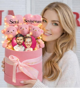 Sevgililer Gününe Özel Seni Seviyorum Tasarımlı Led Işıklı Pembe Peluş Ayıcık Karikatür Sepeti