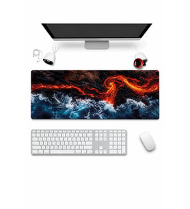 SonicTouch Klavye Mousepad 32x70cm Dikişsiz Pürüzsüz Sıvı Geçirmez Kaymaz Taban Ateş ve Okyanus