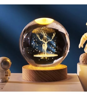 Işıklı Ahşap Kaideli Geyik Temalı Cam Küre 8cm*6cm