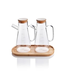 2x900 ML Standlı Cam Yağlık Seti Sütlük Sosluk Vakumlu Bambu Kapaklı Borosilikat