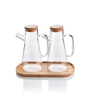 2x900 ML Standlı Cam Yağlık Seti Sütlük Sosluk Vakumlu Bambu Kapaklı Borosilikat