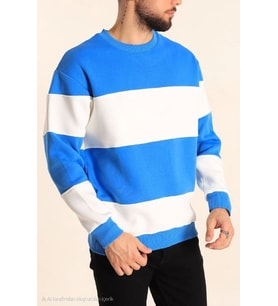 Parçalı Bisiklet Yaka Baskılı SweatShirt - Mavi