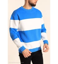 Parçalı Bisiklet Yaka Baskılı SweatShirt - Mavi