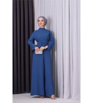 Neşeli butik kadın petrol kuşaklı gül detaylı salaş tulum NMS003 (Petrol Mavisi)