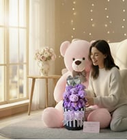 Premium 90 cm Peluş Ayı ve Silindir Kutuda, Kalpli Balonlu 6’lı Mor Ayıcık Buketi (Pembe)