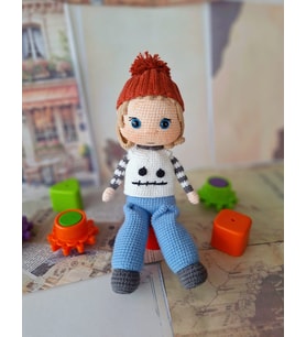 Şapkalı Örgü Kız Bebek, Amigurimi (Ebru Mavi)