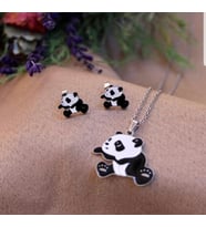 Sevimli Panda Mineli Gold Altın Renk Paslanmaz Çelik Küpe Kolye Set