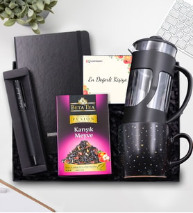 Kişiye Özel Siyah Defter & Siyah Mat Roller Kalem & Siyah French Press &  Yıldızlı Siyah Mat Kupa & Beta Tea Karışık Meyve Bitki Çayı Hediye Seti