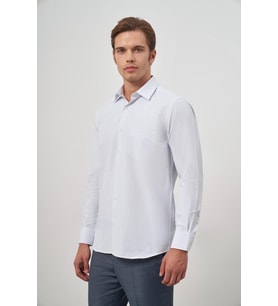 Beyaz Uzun Kol Kareli Desen Bez Ayağı Sert Yaka Cepli Pamuklu Classic Comfort Fit Gömlek 1004245159