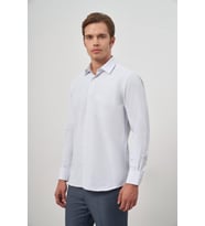 Beyaz Uzun Kol Kareli Desen Bez Ayağı Sert Yaka Cepli Pamuklu Classic Comfort Fit Gömlek 1004245159