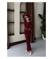 Kadın Elbise Uzun Kol Yırtmaçlı Desenli Sade Şık Uzun Elbise (Bordo)