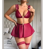 Intive Fantasy Şarap Rengi Önü Zincir Detaylı Fırfır Askılı Bel Dekolteli Mini Babydoll (ÇORAPSIZ) (Bordo)