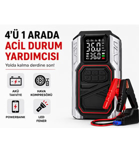Akü Takviyeli Hava Kompresörü 150 PSI, 10.000 mAh Taşınabilir Jump Starter, Dijital Ekranlı Lastik Şişirme Pompası, USB Powerbank ve LED Fener Özellikli, Otomobil Motosiklet Bisiklet Top İçin