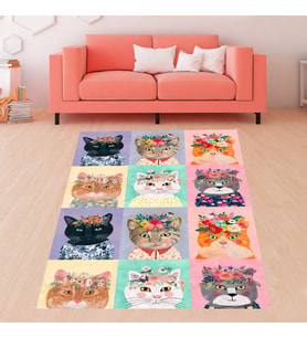Kedili Halı Kedi Desenli Dijital Baskı Yıkanabilir Kaymaz Taban Modern Salon Halısı ve Yolluk (Çok Renkli)