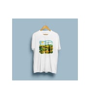 Oversize Ev / Ağaç / Güneş ve Yol çizim eskitme tasarım unisex T-shirt