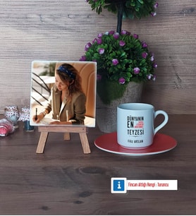 Teyzeye Hediye Fotoğraflı Dekoratif Taş, Ahşap Altlıklı Türk Kahvesi Fincanı Hediye (Model 8)